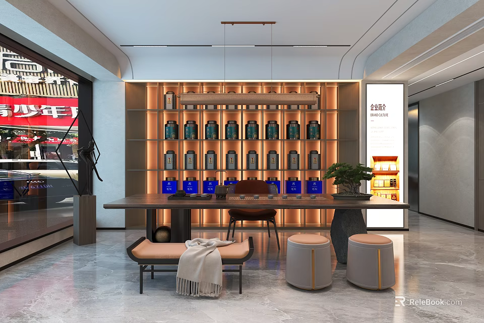 Modern Tea House Interior Design With Wooden Display Shelves And Cozy Seating 3d model 