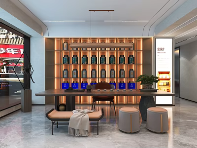 Modern Tea House Interior Design With Wooden Display Shelves And Cozy Seating 3d model