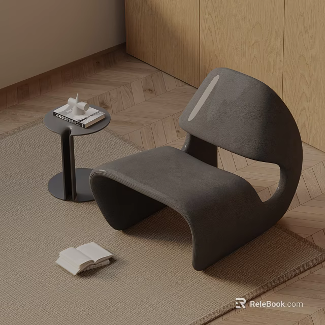 Modern Curved Leisure Chair with Side Table Books on Wooden Floor and Rug 3d model 