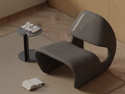 Modern Curved Leisure Chair with Side Table Books on Wooden Floor and Rug 3d model