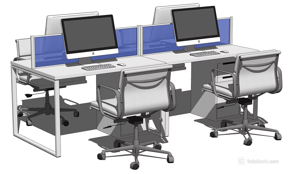 Modern Office Desk Setup With Computer Monitors Office Chairs And Blue Partition Panels 3d model