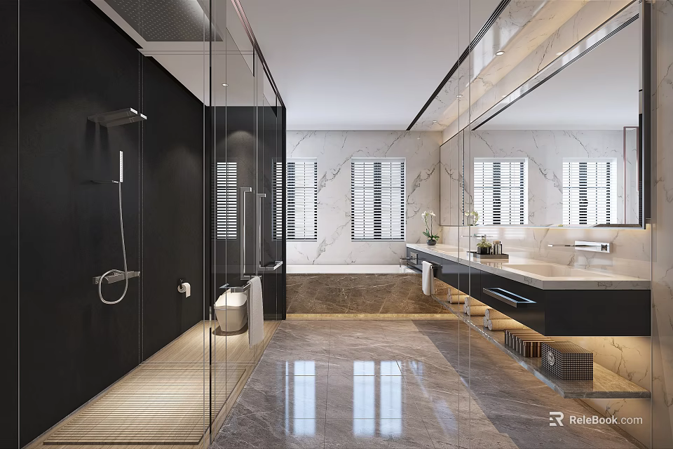 Modern Bathroom Interior With Glass Shower Marble Floor Vanity And Large Mirror 3d model 