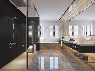 Modern Bathroom Interior With Glass Shower Marble Floor Vanity And Large Mirror 3d model