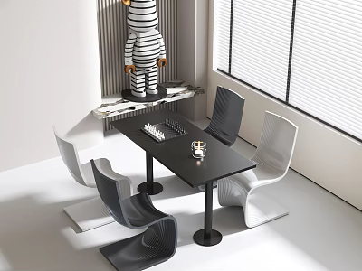 Modern Interior Table and Chair Set with Black Table Gray White Chairs Near Window 3d model