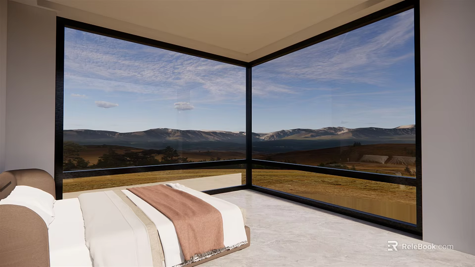 Bedroom With Floor-to-Ceiling Windows Bed And Mountain View Scenic Landscape 3d model 