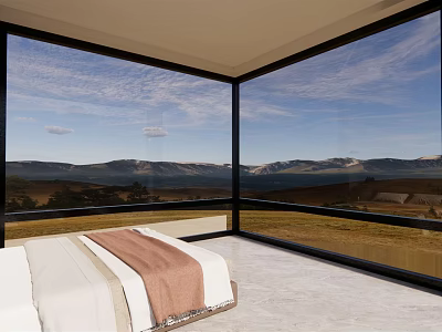 Bedroom With Floor-to-Ceiling Windows Bed And Mountain View Scenic Landscape 3d model