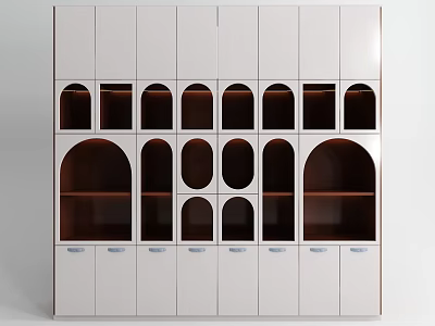 Elegant Decorative Cabinet With White Arched Doors And Wooden Interior Shelves 3d model