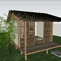 Traditional Japanese Hut Featuring Thatch Roof Wooden Frames Bamboo And Grassland Water View