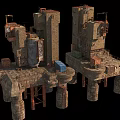 Stone Architectural Components Featuring Tower Like Structures On Pillar Supported Platforms With Crates 3d model