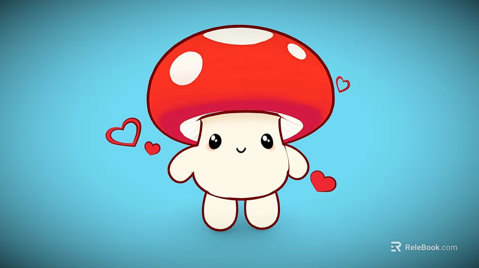 Cute Cartoon Mushroom With Red Cap White Spots And Hearts On Blue Background 3d model 