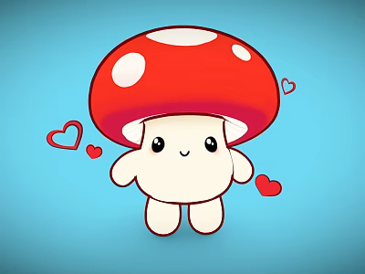 Cute Cartoon Mushroom With Red Cap White Spots And Hearts On Blue Background 3d model