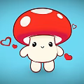Cute Cartoon Mushroom With Red Cap White Spots And Hearts On Blue Background