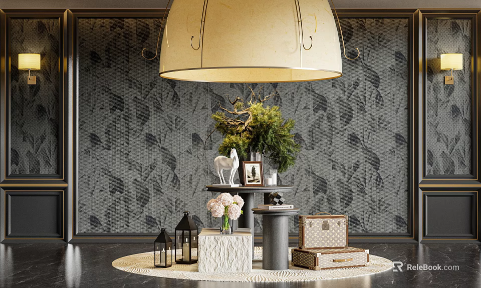 Stylish Hotel Lobby Entrance Featuring Dark Floral Wallpaper Beige Pendant Lamp And Decorative Items 3d model 