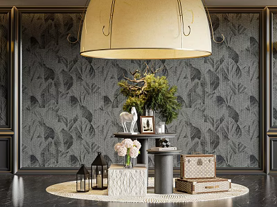 Stylish Hotel Lobby Entrance Featuring Dark Floral Wallpaper Beige Pendant Lamp And Decorative Items 3d model