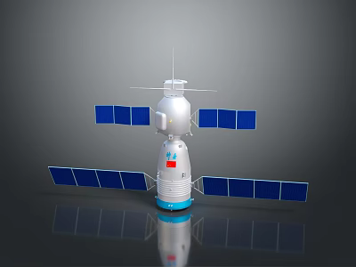 Satellite Spacecraft Equipment With Blue Solar Panels Red Logo And White Main Body Structure 3d model