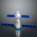 Satellite Spacecraft Equipment With Blue Solar Panels Red Logo And White Main Body Structure