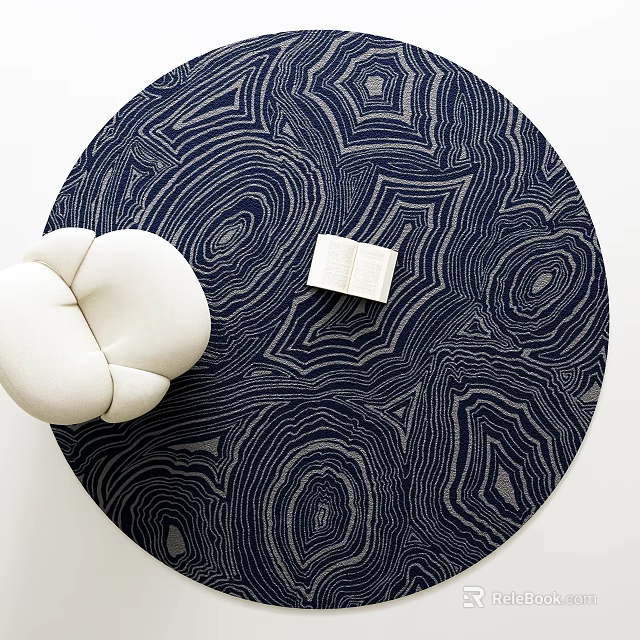 Navy Blue Round Area Rug With Abstract Wavy Patterns And White Cloud Cushion 3d model