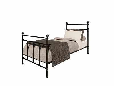 Single Bed Black Metal Frame Railed Design with Light Colored Sheets Gray Blanket White Pillows 3d model