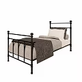 Single Bed Black Metal Frame Railed Design with Light Colored Sheets Gray Blanket White Pillows