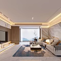 Modern Living Dining Room With Marble Textured Wall Sofa Pillows Coffee Table And Warm Lighting