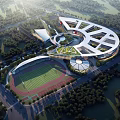 Modern School Campus Building With Unique Roof Design Stadium And Green Landscaping