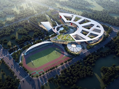 Modern School Campus Building With Unique Roof Design Stadium And Green Landscaping 3d model