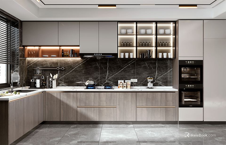 Modern Kitchen Interior Design With Island Counter Cabinets And Stainless Steel Appliances 3d model 