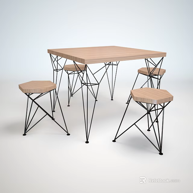 Modern Dining Table Set with Wooden Top and Geometric Metal Frame Chairs 3d model 