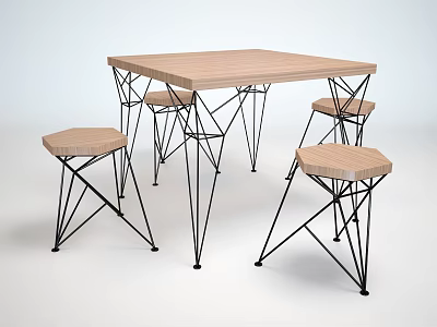 Modern Dining Table Set with Wooden Top and Geometric Metal Frame Chairs 3d model