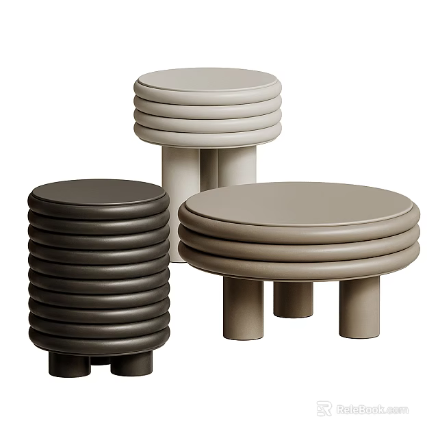 Modern Stacked Edge Round Side Tables in Black Gray and Light Gray with Cylindrical Legs 3d model 
