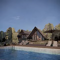 Charming Homestay Building With Glass Greenhouse Lush Garden And Trees In Natural Setting