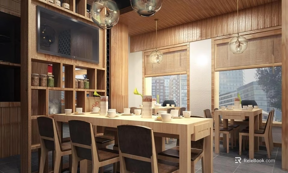 Natural Wooden Restaurant Interior With Long Dining Table Chandeliers And City View Windows 3d model 