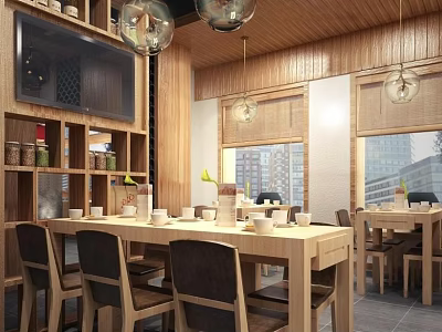 Natural Wooden Restaurant Interior With Long Dining Table Chandeliers And City View Windows 3d model