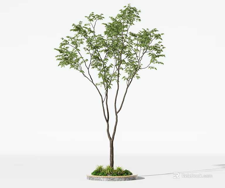 Tall Arbor With Green Leaves Brown Trunk And Small Plants At Base 3d model 