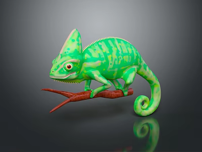 Green Chameleon With Yellow Spots Perched On Red Branch Against Dark Background With Reflection 3d model
