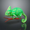 Green Chameleon With Yellow Spots Perched On Red Branch Against Dark Background With Reflection