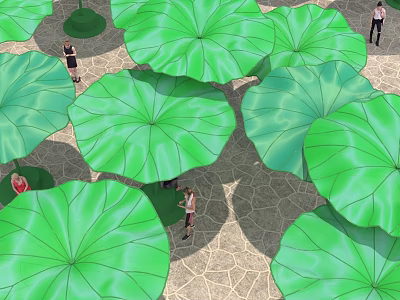 Giant Green Lotus Leaf Art Installation With People Walking Around Public Space 3d model