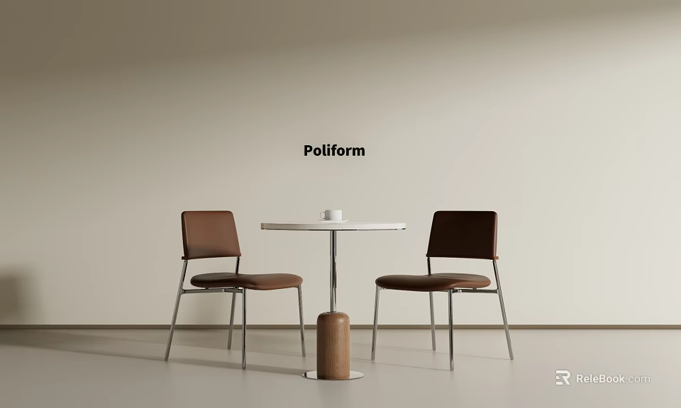 Poliform Modern Minimalist Meeting Table And Brown Leather Chairs With Metal Legs And Wooden Base 3d model 