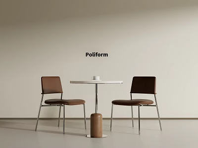 Poliform Modern Minimalist Meeting Table And Brown Leather Chairs With Metal Legs And Wooden Base 3d model