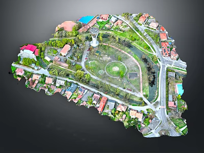 3D Model of Residential Community With Colorful Roof Houses Circular Park Lighthouse And Roads 3d model