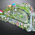 3D Model of Residential Community With Colorful Roof Houses Circular Park Lighthouse And Roads