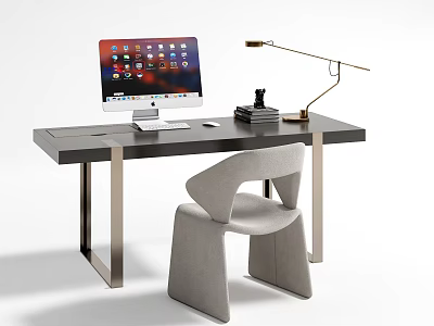 Modern Home Office Desk With Computer Monitor Lamp Books And Chair 3d model