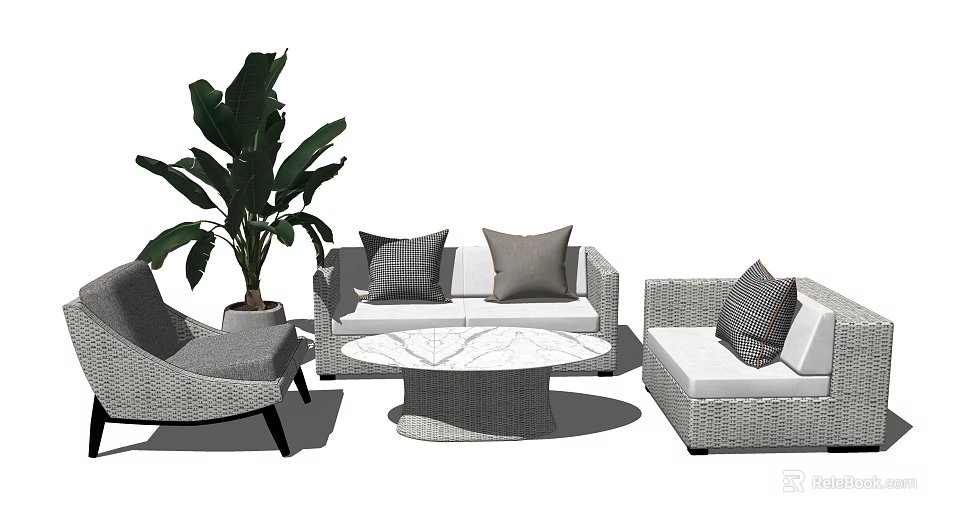 Outdoor Wicker Sofa Set With Decorative Pillows And Marble Top Coffee Table 3d model