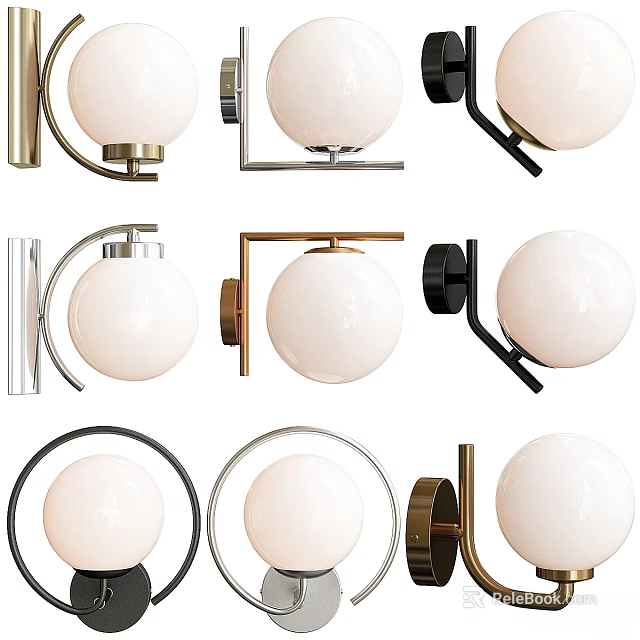 Modern Wall Lamps With Round Glass Shades And Metal Brackets In Various Finishes 3d model 