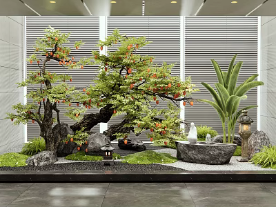 Indoor Natural Landscape Design With Decorative Tree Stones Lantern And Green Plants 3d model
