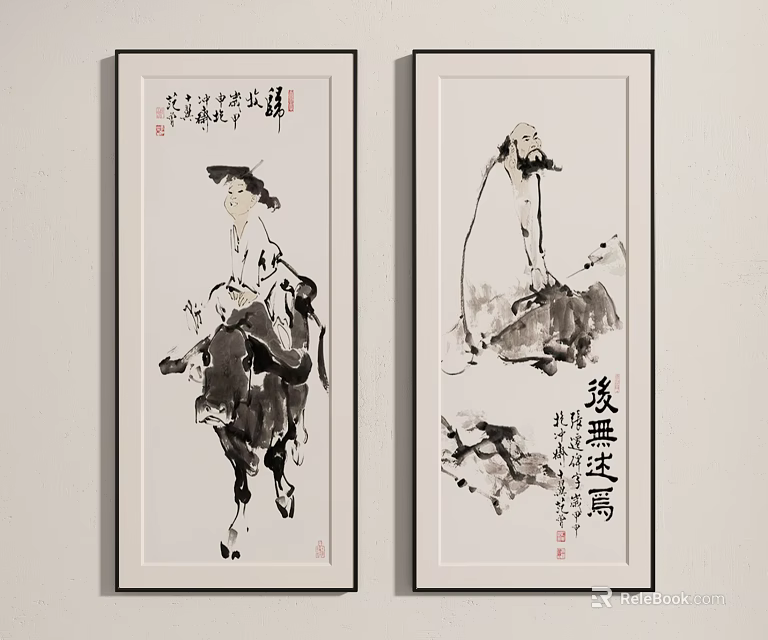 Two Traditional Chinese Figure Paintings with Calligraphy Inscriptions Hanging on Wall 3d model 