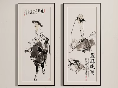 Two Traditional Chinese Figure Paintings with Calligraphy Inscriptions Hanging on Wall 3d model