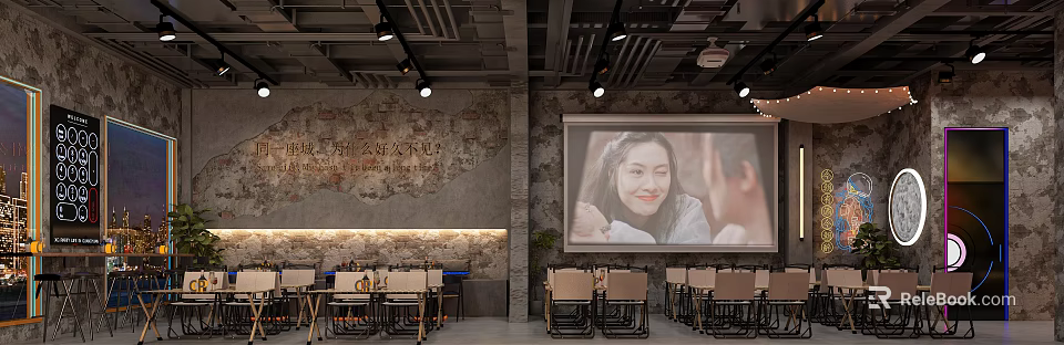 Modern Bar Interior Design With Stone Wall Large Screen And Comfortable Tables Chairs 3d model 