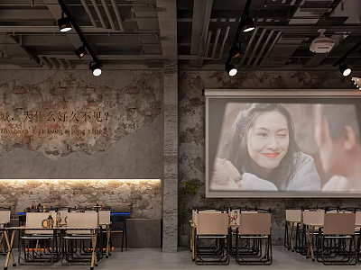 Modern Bar Interior Design With Stone Wall Large Screen And Comfortable Tables Chairs 3d model