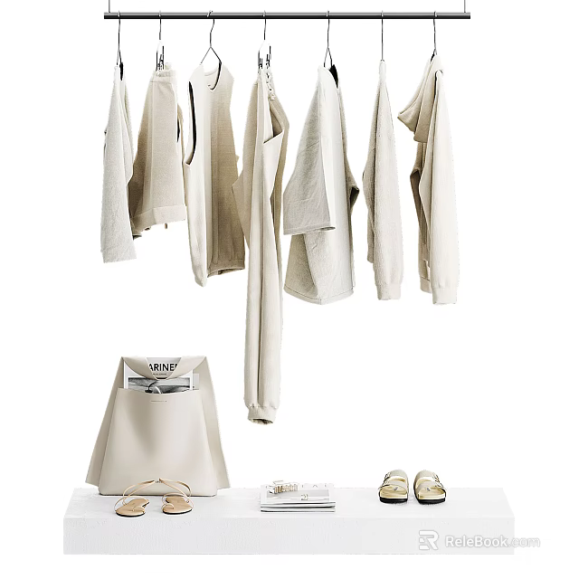 Hanging Beige Clothes With Matching Bag Shoes And Accessories On White Table 3d model 